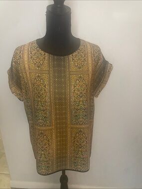 VIDA Multicolor Patterned Midi Blouse with Gold and Green Panels